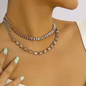 Gold Plated Diamond Baguette Multilayer Choker Necklace